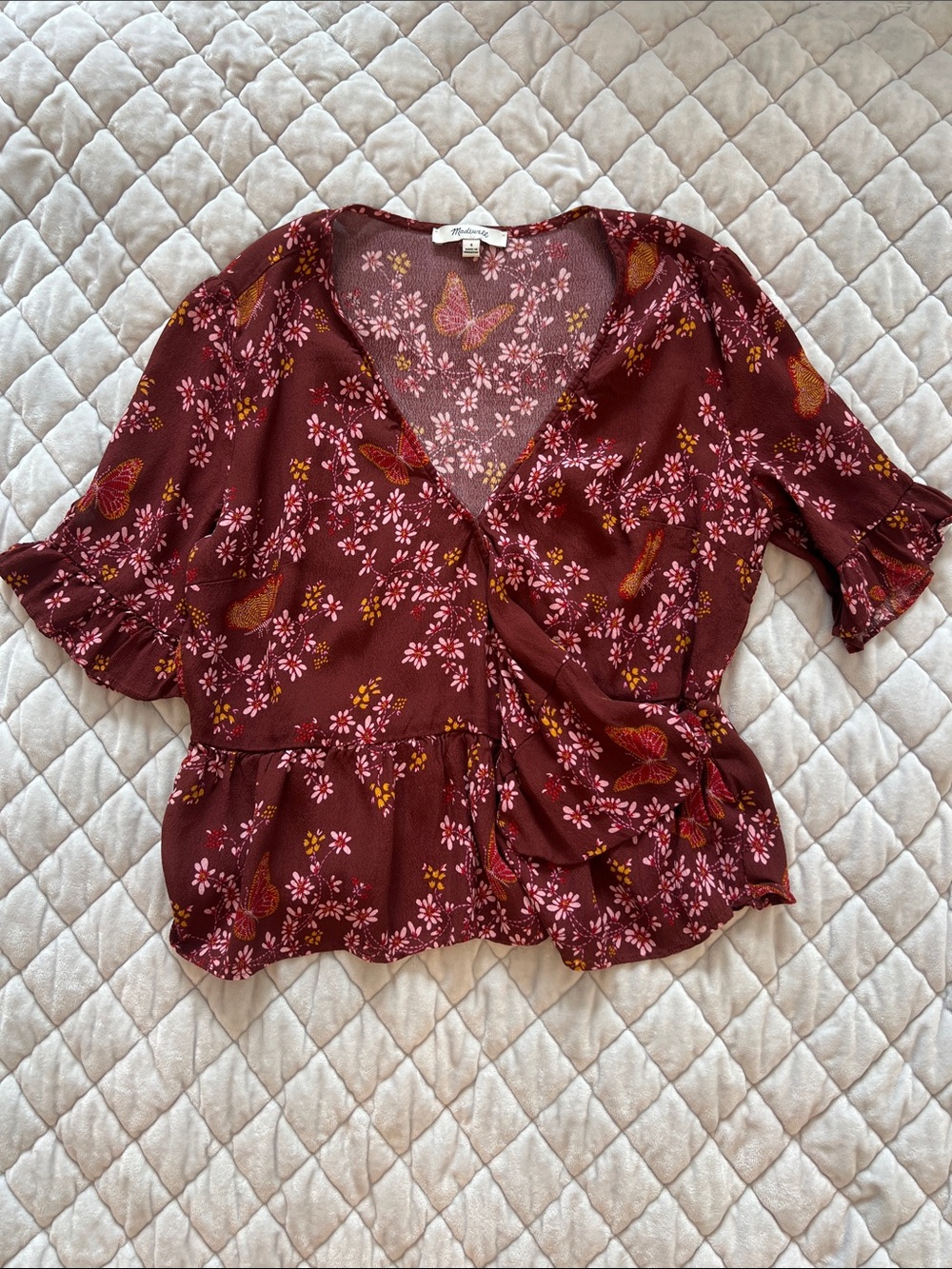 Madewell Burgundy Floral Butterfly Wrap Blouse